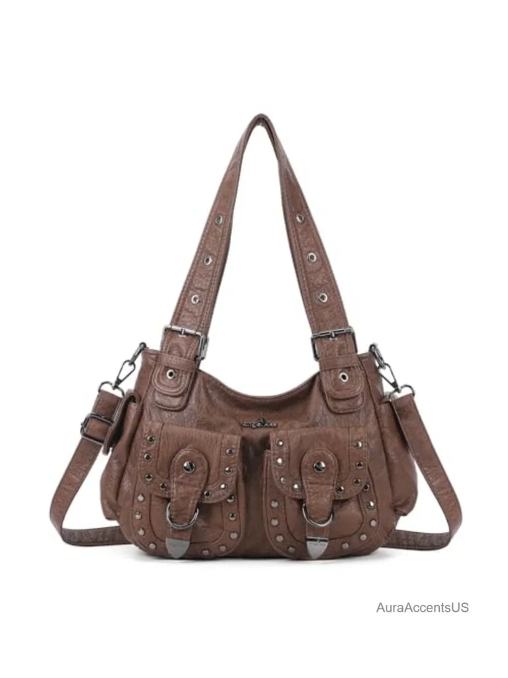 Vegan Leather Hobo Bag Multi Pocket Studded Shoulder Tote Y2K